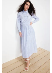  Modest Blue Buttoned Striped Woven Shirt Dress Tctss24Eb00078