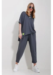 Trend Alaçatı Stili Women's Anthracite Crew Neck Asymmetrical Cut with Ankle Blouse and Pants Set ALC-X11604
