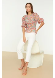  Collection Ecru Balloon Sleeve Floral Print Crop Woven Blouse Twoss22Bz0193