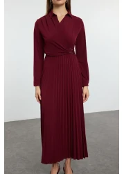  Modest Burgundy Wrap Neck Pleated Knit Dress with Accessory Detail TCTAW25EB00138