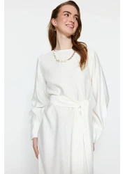  Modest Linen Texture - Zip and Belted White Dress Tctss23Eb00219
