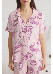  Collection Pink Animal Print Ribbed Viscose Woven Pajamas Set Thmss25Pt00022