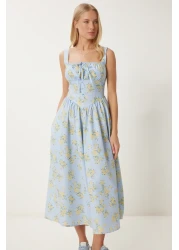 Happiness İstanbul Women Blue Yellow Floral Pattern Summer Midi Poplin Dress Ub00353