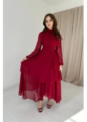 HELİS BUTİK Burgundy Chiffon Dress - Neck Collar and Drape Detail