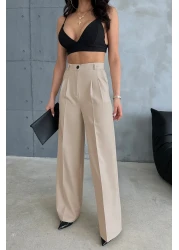 Ortaya Çık بنطلون بالازو قماش مطوي باللون البيج