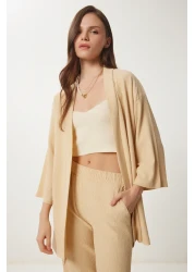 Happiness İstanbul Women's Cream Kimono Trousers Knitted Set BY00050