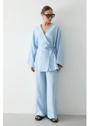 Laluvia Blue Cotton Kimono Wide Leg Pants Set