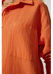 Happiness İstanbul Women's Orange Oversize Muslin Shirt with Pockets MX00150