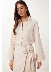 Happiness İstanbul Women's Cream Linen Shirt Skirt Suit Fn03475