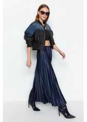  Collection Navy Blue Pleated Maxi Stretchy Knitted Skirt TWOSS24ET00041