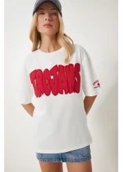 Happiness İstanbul تي شيرت نسائي من القطن مطرز بشعار إكرو CR00463