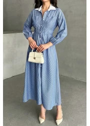 MD trend فستان نسائي طويل مخطط بياقة بأزرار وخصر مطاطي