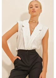 Trend Alaçatı Stili Women's White Shirt Collar Fillet Striped Blouse ALC-X10724