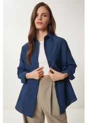 Happiness İstanbul Women's Navy Blue Oversize Long Basic Shirt 3900 DD00842