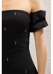  Collection Black Carmen Collar Stone Print Detail Woven Midi Stylish Evening Dress Night Mezuiyet Elbisesi Tprss25El00243