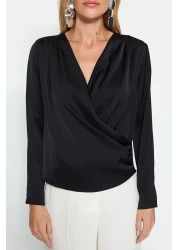  Collection Black Double Breasted Satin Woven Blouse TWOAW24BZ00423