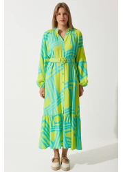 Happiness İstanbul Women's Oil Green Belted Oversize Summer Viscose Dress ZH00034