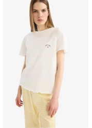 Defacto طقم بيجامة بأكمام قصيرة، علوي مرن، خصر طويل، قاع طويل، Fall In Love F1595ax25sm