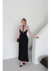 1Moda1Tarz فستان نسائي مستورد من قماش الشيفون اللامع Yoryo مزين بالدانتيل ومطوي ومزين بشريط مبطن بتصميم خاص