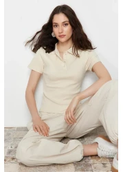  Collection Beige Polo Neck Buttoned Short Sleeve Stretchy Ribbed Knitted Blouse TWOSS24BZ00111