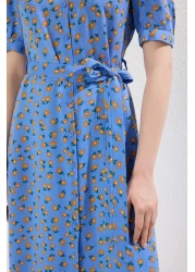  Collection Blue Floral Pattern Belted Midi Woven Viscose Shirt Dress TWOSS20EL1559
