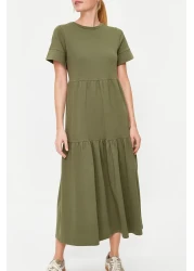  Collection Khaki Gathered Short Sleeve Knitted Maxi T-Shirt Dress Twoss24El00132