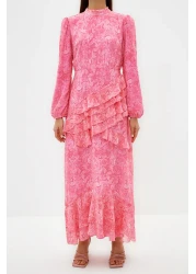  Modest فستان من الشيفون المنسوج مع تنورة زهرية وكشكش TCTSS23EB00160