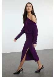  Collection Stretchy Midi Length Knitted Dress - Purple, Asymmetric Single Sleeve and Waist Seat TWOAW25EL00110