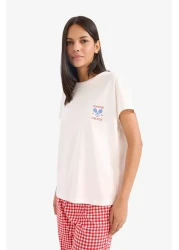 Defacto طقم بيجامة بأكمام قصيرة، علوي مرن، مربعات، قاع طويل، Fall In Love E4822ax25sp