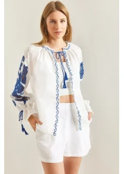 Bianco Lucci Women's Lapel Collared Embroidered Casual Shirt