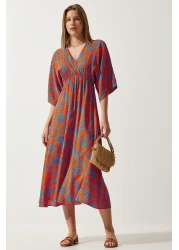 Happiness İstanbul Women's Orange Blue Wraped Collar Patterned Summer Viscose Dress DK00166