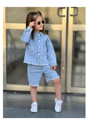 yns coolstar New Season Summer Lycra - Cotton Flower Embroidered Denim Shorts and Jacket 2-Piece Set