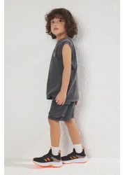TRENDYOLKIDS Boy's Anthracite Cotton Tank Top Shorts Set - Antique/Slat Effect Tkdss25Au00026