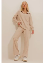 Trend Alaçatı Stili Women's Beige Polo Collar Top and Palazzon Trousers Knitwear Bottom Top Set ALC-796-001