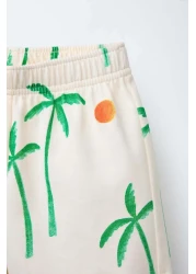 Magu Unisex Kids Cotton Ecru Palm Patterned T-Shirt and Shorts Set