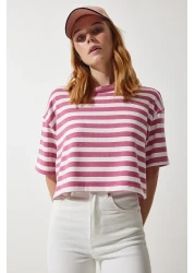 Happiness İstanbul Women's Dried Rose Crew Neck Striped Crop Knitted T-Shirt CR00427