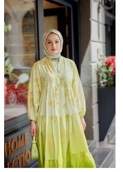 LOCCO Women's Gilded Leaf Patterned Dress Pistachio Green