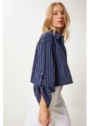 Happiness İstanbul Navy Blue Thin Striped Women's Crop Linen Shirt - Dm00140