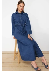  Collection Dark Blue Belted Maxi Modest Denim Shirt Dress Twoss24El00923