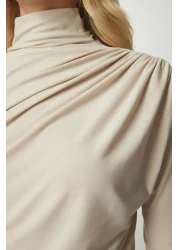 Happiness İstanbul Women's Cream Gathering Detailed High Collar Sandy Blouse FF00135