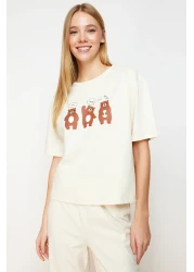  Collection Beige 100% Cotton Teddy Bear Pajama Set - T-Shirt and Pants Thmss23Pt00134