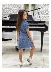 yns coolstar New Season Girl's Pocket Front Button Short Sleeve Cotton Denim Jeans Dress