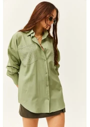 Olalook Women's Mold Green Oversize Shirt with Staple Pocket Detail GML-19001167