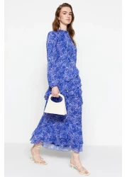  Modest Blue Floral Skirt - Woven Chiffon Dress with Ruffled Lining Tctss23Eb00160