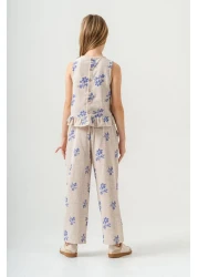 Magu طقم بلوزة وبنطلون من الكتان والبوبلين منقوشة بالزهور من إكرو للفتيات