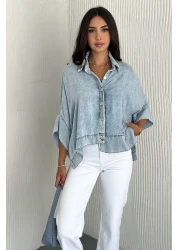 FEMELLE قميص بونشو من قماش الدنيم باللون الأزرق مقاس قياسي للنساء