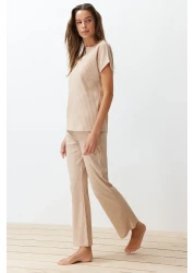  Collection Beige Corded Collar Detailed Knitted Pajamas Set THMSS24PT00234