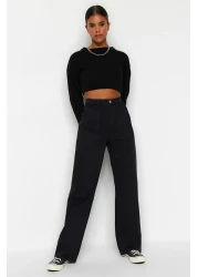  Collection Black High Waist Wide Leg Jeans with Pocket Detail TWOAW22JE0595