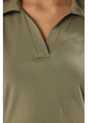  Collection فستان بولو متوسط ​​الطول كاكي متزلج/خصر، محبوك من القطن المرن