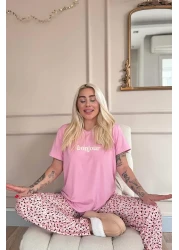 Pijamaevi Pink Bonjour Patterned Short Sleeve Knitted Women's Pajamas Set